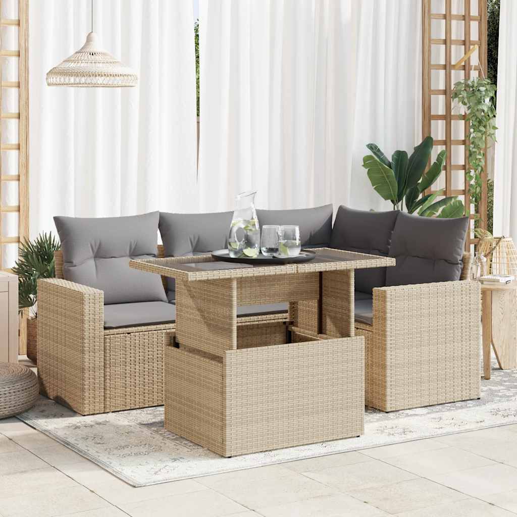 vidaXL 5-tlg. Garten-Sofagarnitur mit Kissen Beige Poly Rattan