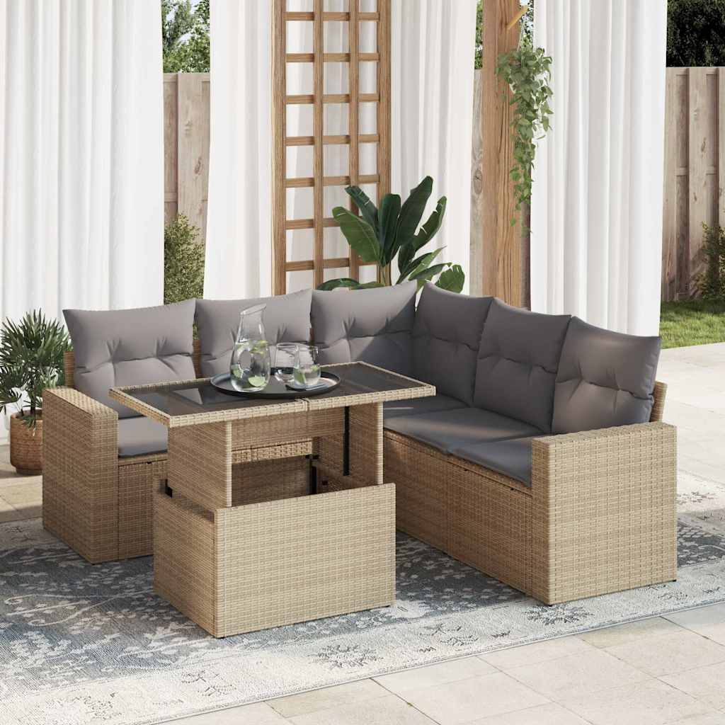 vidaXL 6-tlg. Garten-Sofagarnitur mit Kissen Beige Poly Rattan