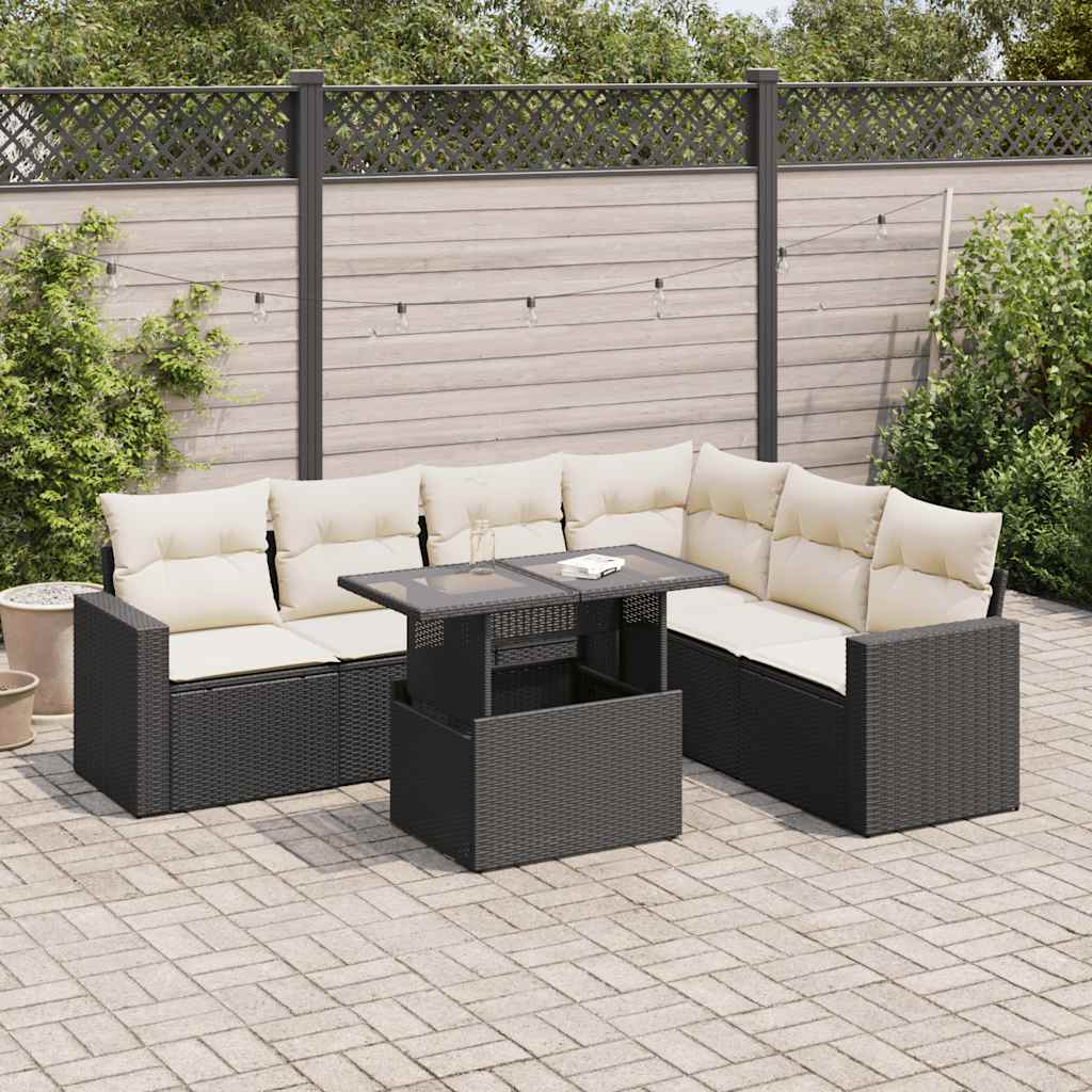 vidaXL 7-tlg. Garten-Sofagarnitur mit Kissen Schwarz Poly Rattan