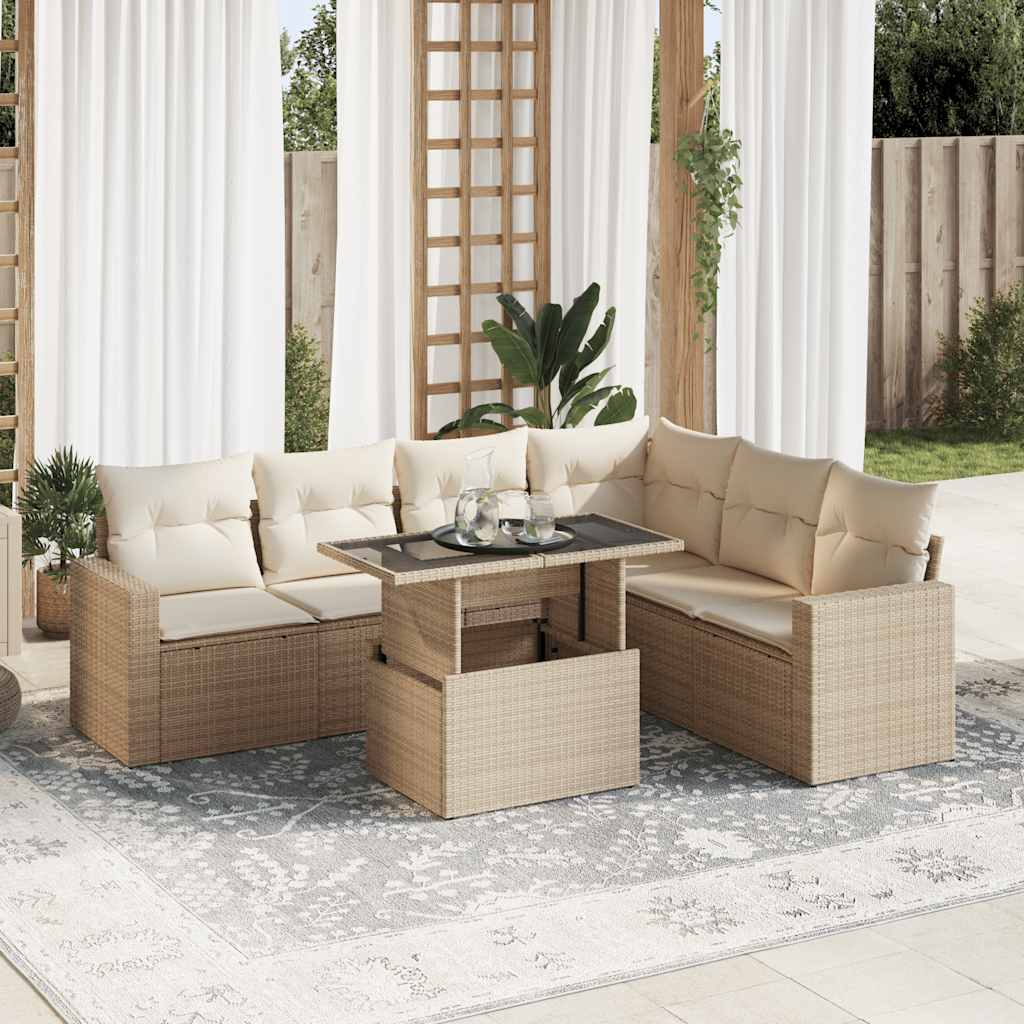 vidaXL 7-tlg. Garten-Sofagarnitur mit Kissen Beige Poly Rattan