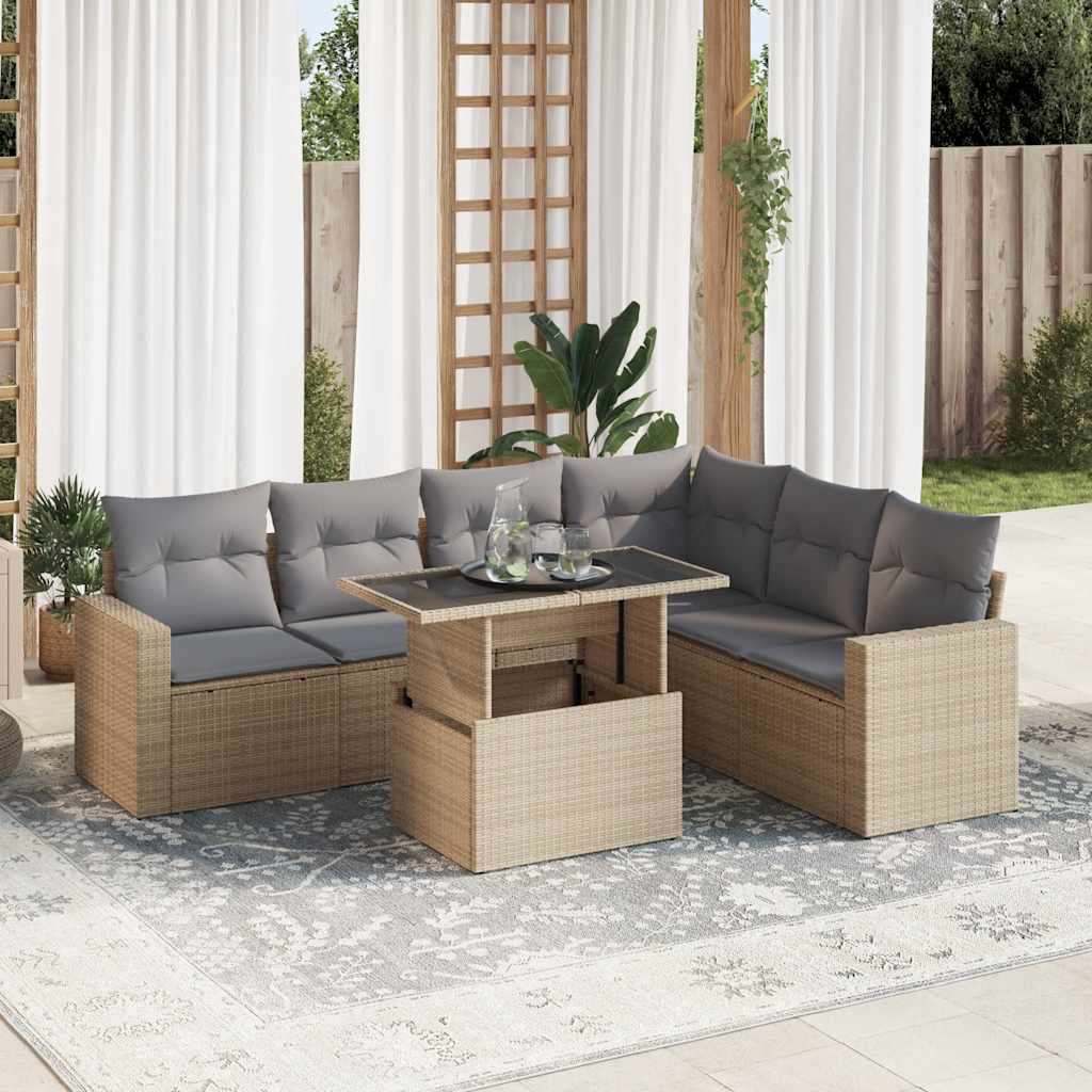 vidaXL 7-tlg. Garten-Sofagarnitur mit Kissen Beige Poly Rattan