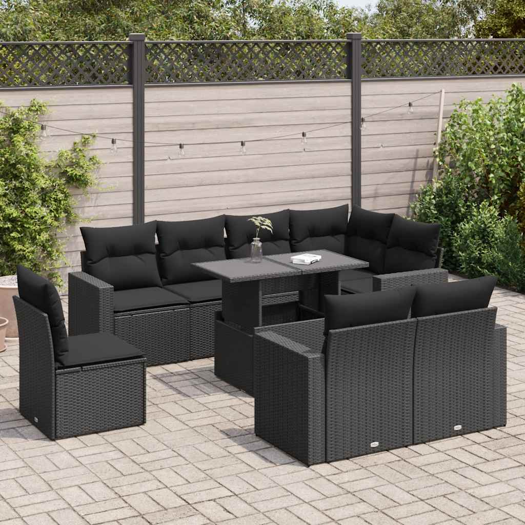 vidaXL Set mobilier de grădină cu perne, 9 piese, negru, poliratan