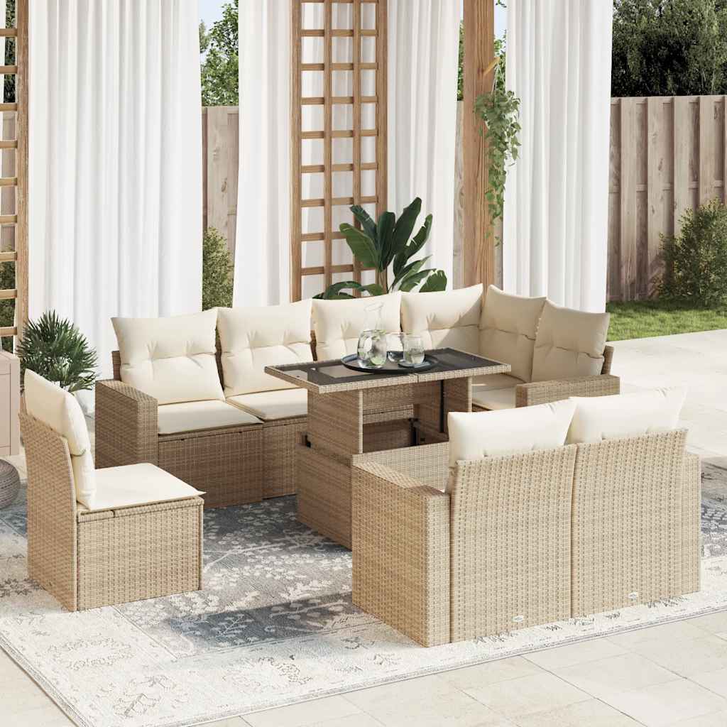 vidaXL 9-tlg. Garten-Sofagarnitur mit Kissen Beige Poly Rattan