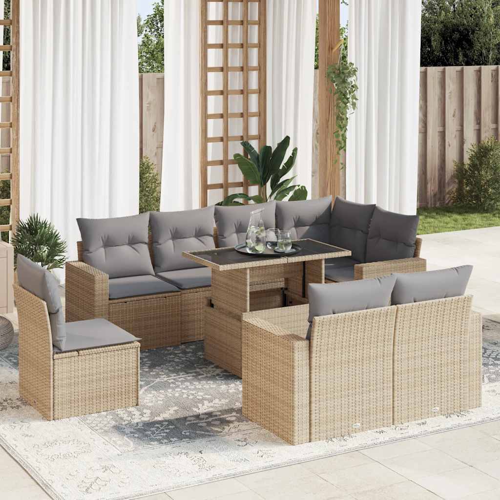 vidaXL 9-tlg. Garten-Sofagarnitur mit Kissen Beige Poly Rattan