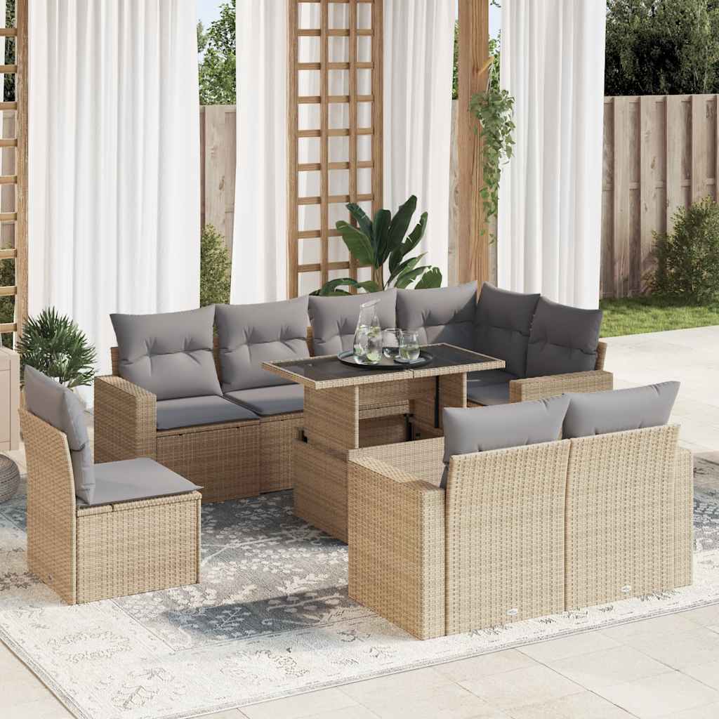 vidaXL Set canapele de grădină, 9 piese, cu perne, bej, poliratan