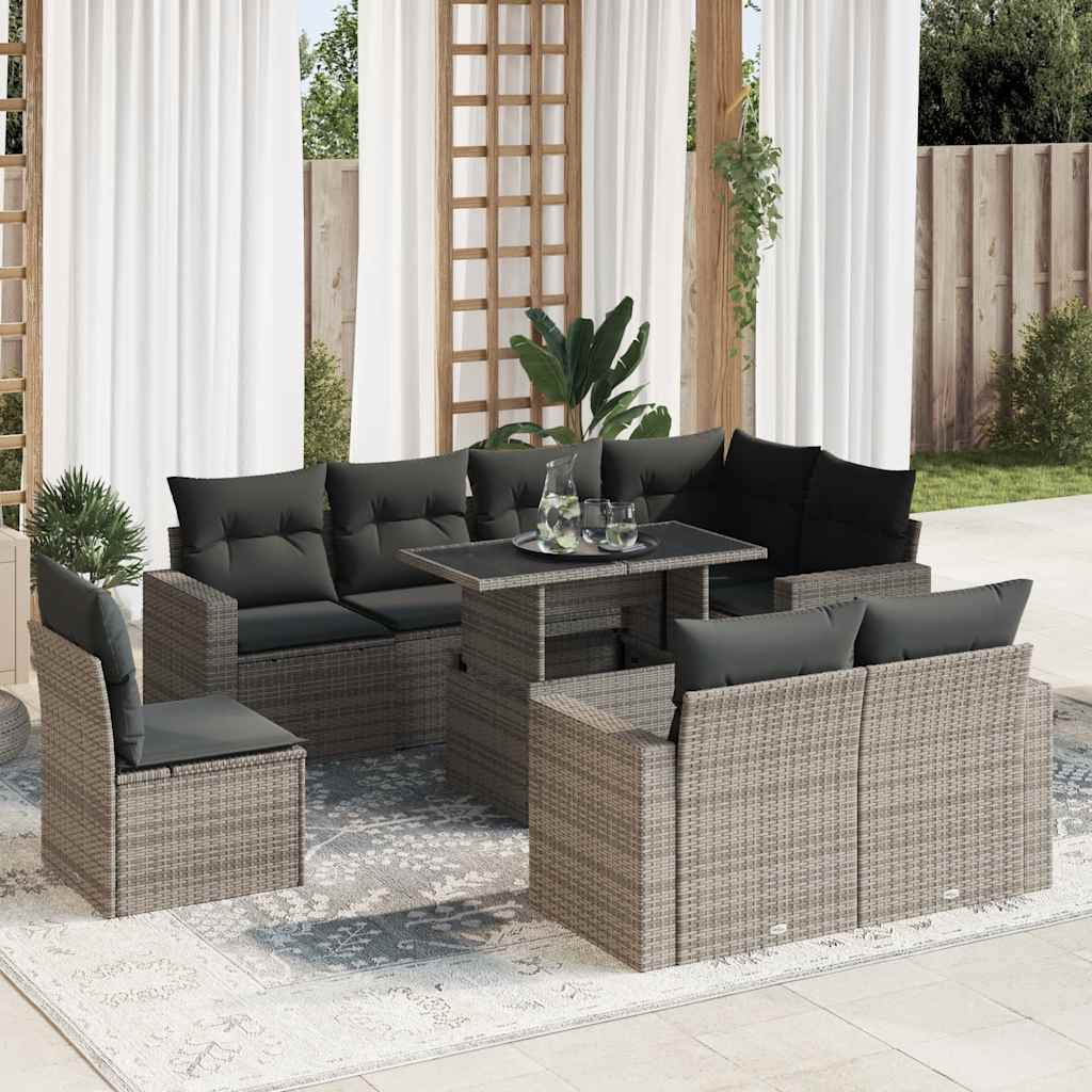 vidaXL 9-tlg. Garten-Sofagarnitur mit Kissen Grau Poly Rattan