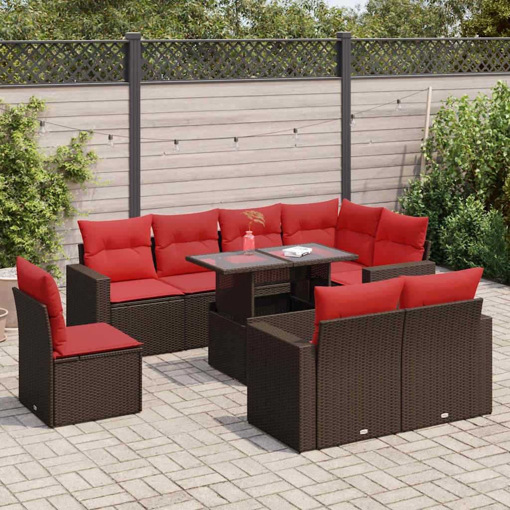 vidaXL 9-tlg. Garten-Sofagarnitur mit Kissen Braun Poly Rattan Akazie