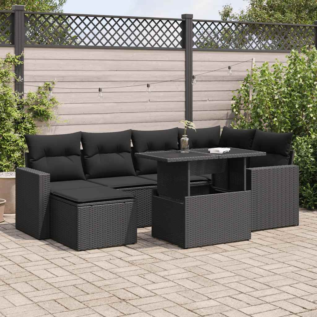 vidaXL 7-tlg. Garten-Sofagarnitur mit Kissen Schwarz Poly Rattan