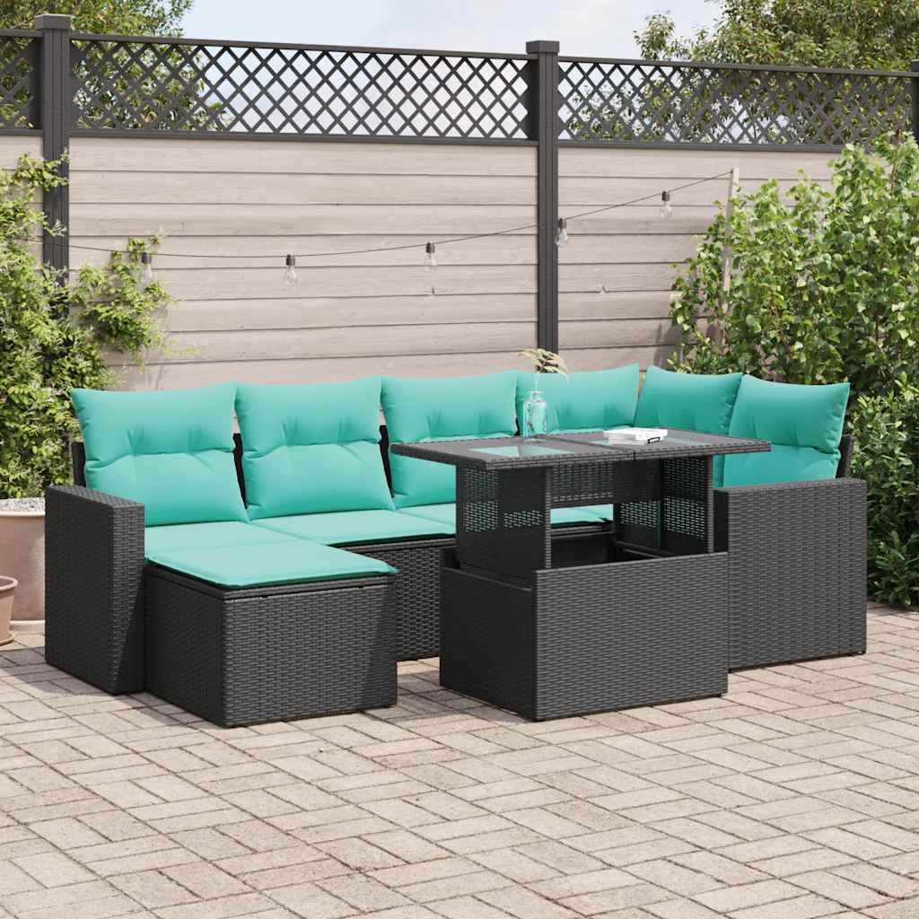 vidaXL 7-tlg. Garten-Sofagarnitur mit Kissen Schwarz Poly Rattan