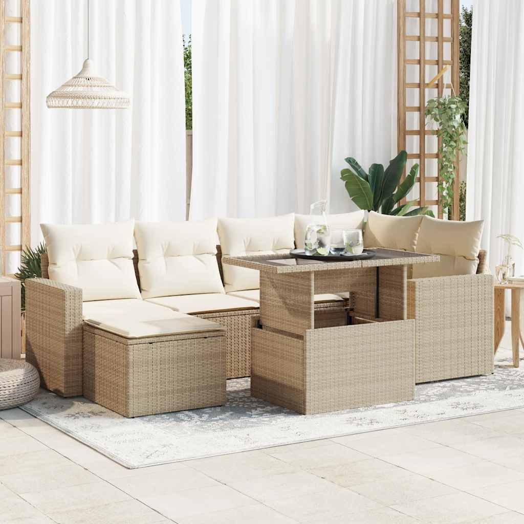 vidaXL 7-tlg. Garten-Sofagarnitur mit Kissen Beige Poly Rattan