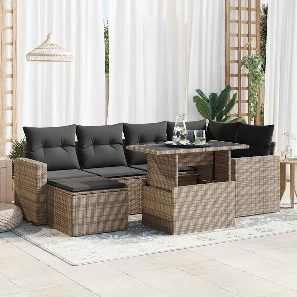 vidaXL 7-tlg. Garten-Sofagarnitur mit Kissen Grau Poly Rattan