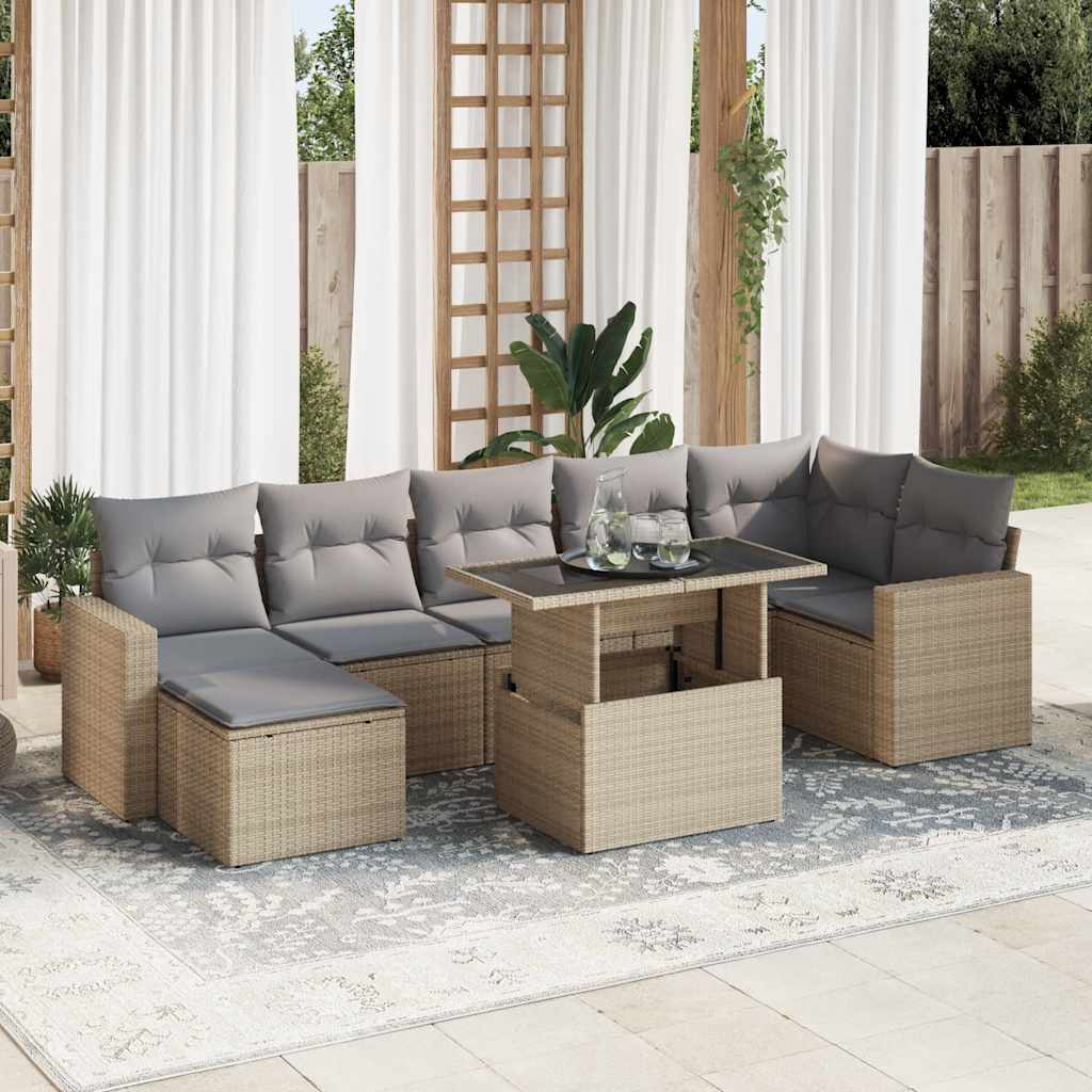 vidaXL 8-tlg. Garten-Sofagarnitur mit Kissen Beige Poly Rattan