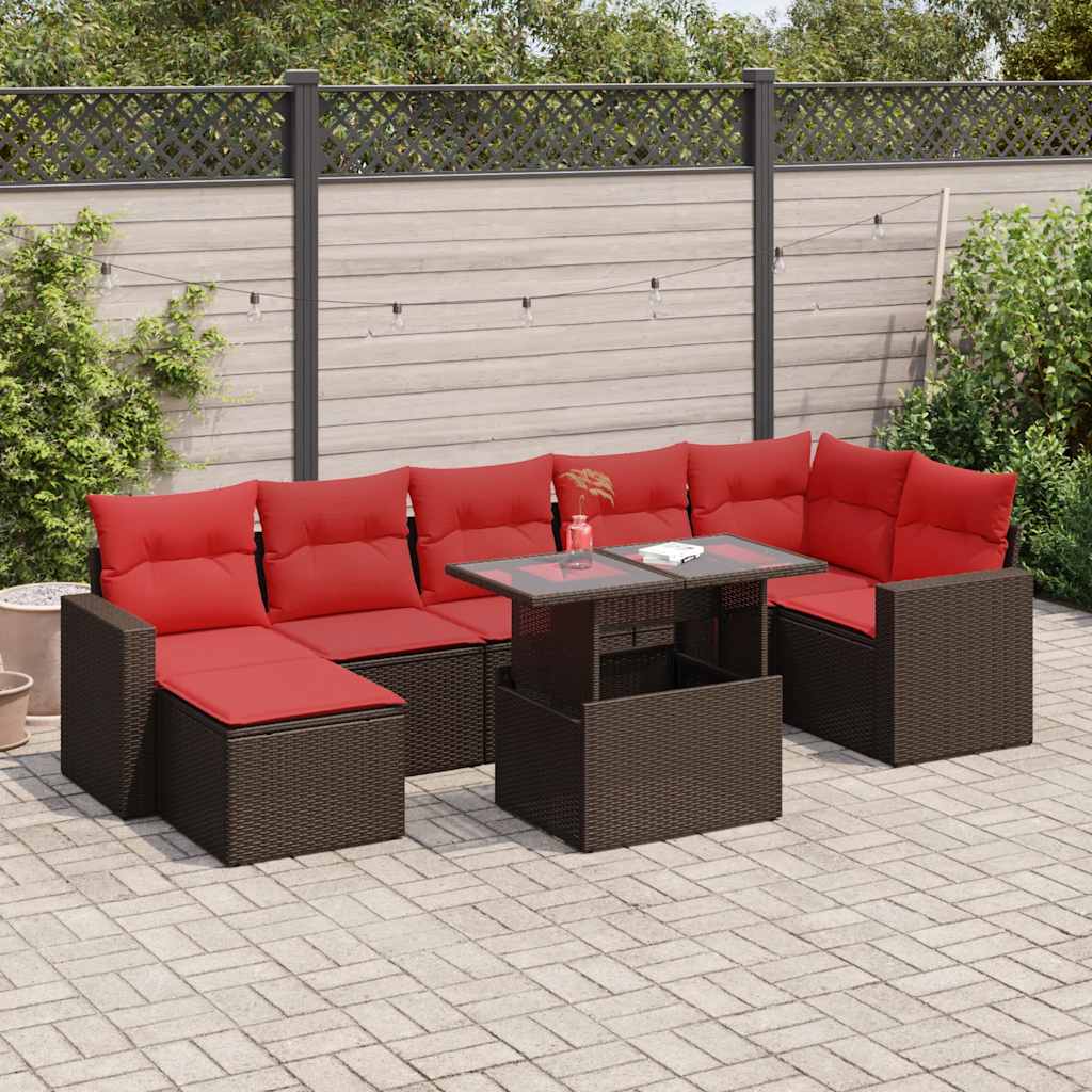 vidaXL 7-tlg. Garten-Sofagarnitur mit Kissen Braun Poly Rattan Akazie