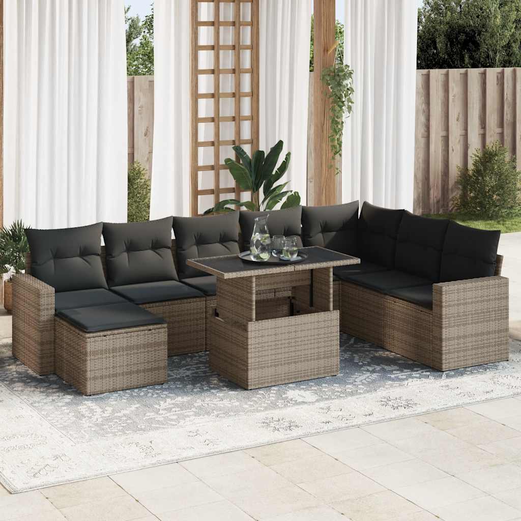 vidaXL 9-tlg. Garten-Sofagarnitur mit Kissen Grau Poly Rattan