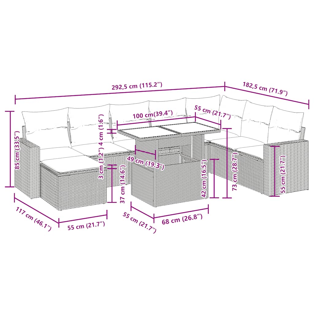 9dílná zahradní sedací souprava a podušky světle šedá polyratan - obrázek 16