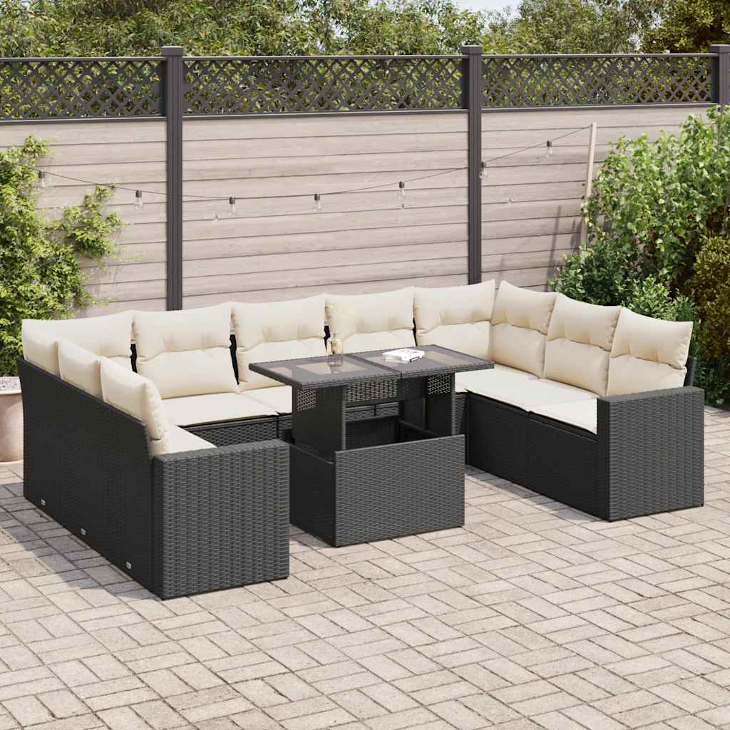 vidaXL 10-tlg. Garten-Sofagarnitur mit Kissen Schwarz Poly Rattan