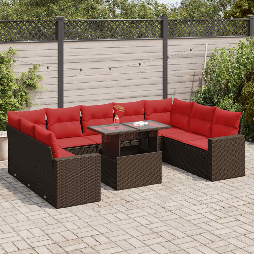 vidaXL 10-tlg. Garten-Sofagarnitur mit Kissen Braun Poly Rattan Akazie
