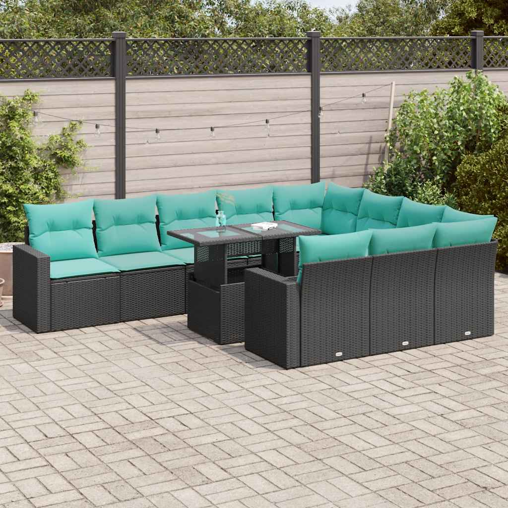 vidaXL 11-tlg. Garten-Sofagarnitur mit Kissen Schwarz Poly Rattan Akazie