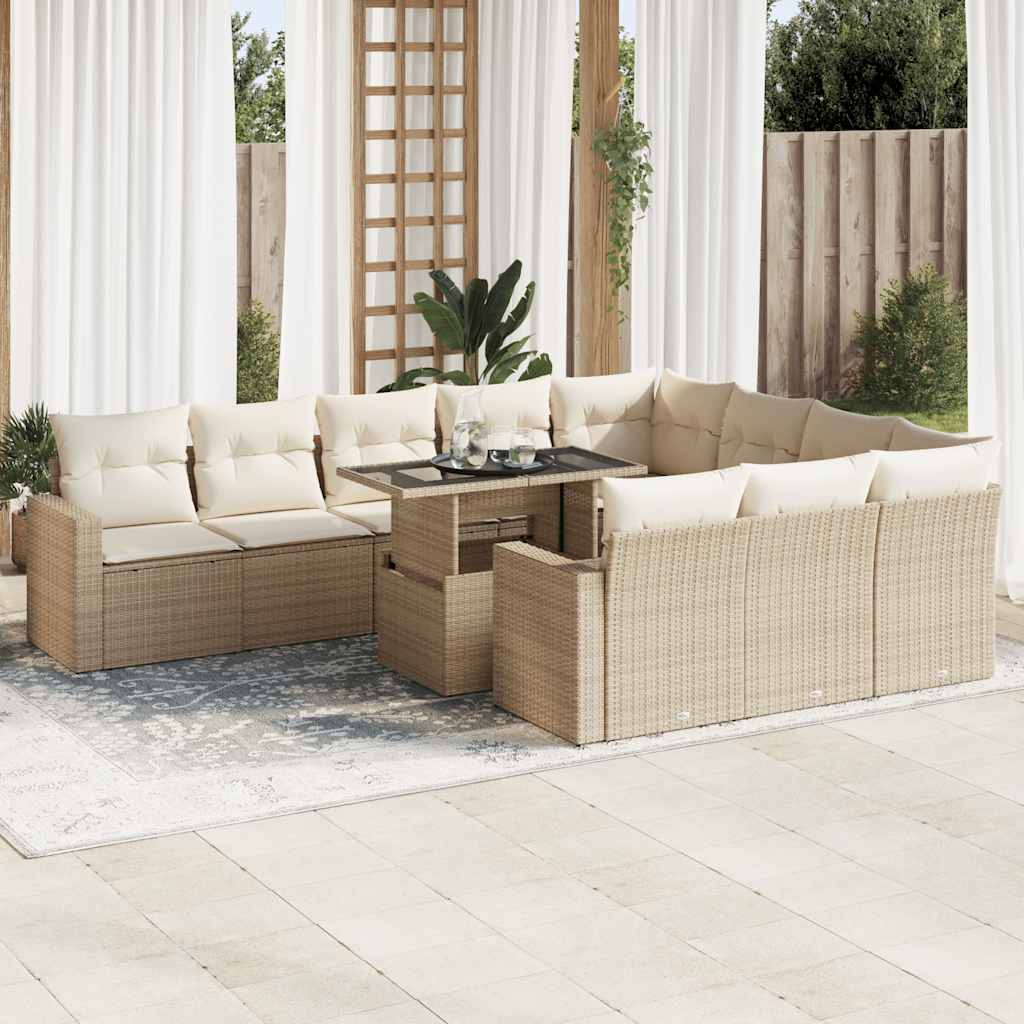 vidaXL 11-tlg. Garten-Sofagarnitur mit Kissen Beige Poly Rattan