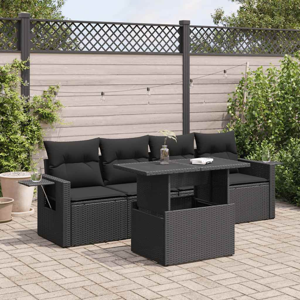 vidaXL 5-tlg. Garten-Sofagarnitur mit Kissen Schwarz Poly Rattan