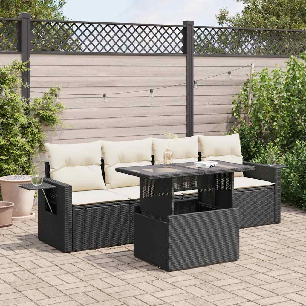 vidaXL 5-tlg. Garten-Sofagarnitur mit Kissen Schwarz Poly Rattan