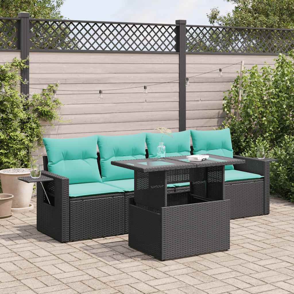 vidaXL 5-tlg. Garten-Sofagarnitur mit Kissen Schwarz Poly Rattan Akazie