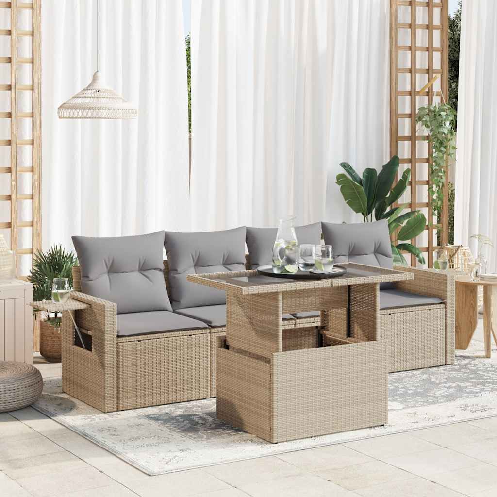 vidaXL 5-tlg. Garten-Sofagarnitur mit Kissen Beige Poly Rattan