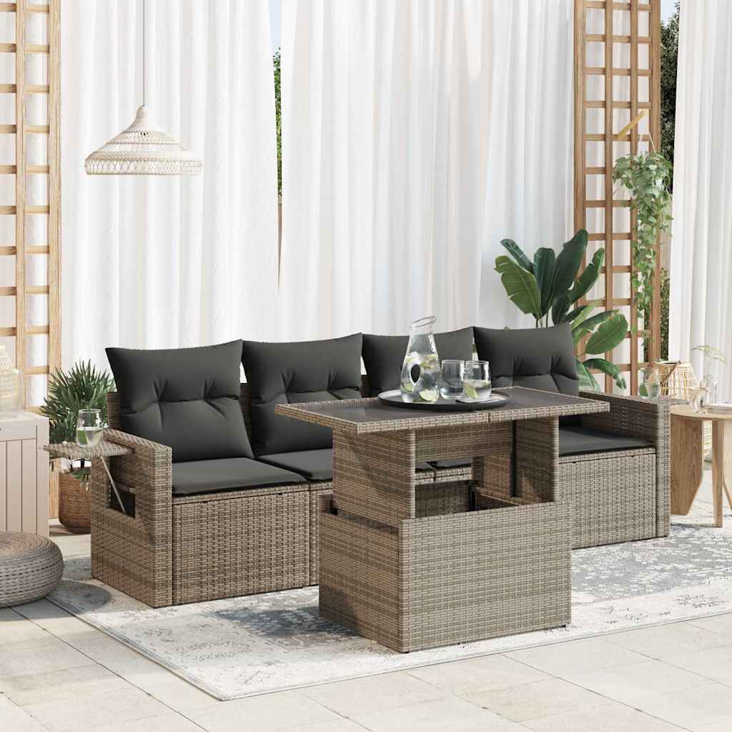 vidaXL 5-tlg. Garten-Sofagarnitur mit Kissen Grau Poly Rattan