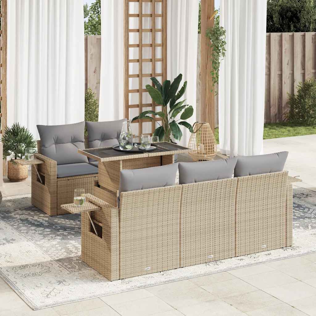 vidaXL 6-tlg. Garten-Sofagarnitur mit Kissen Beige Poly Rattan