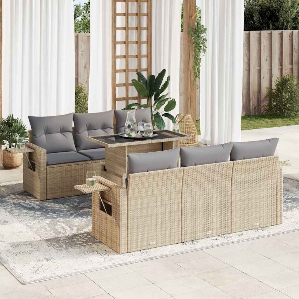 vidaXL 7-tlg. Garten-Sofagarnitur mit Kissen Beige Poly Rattan