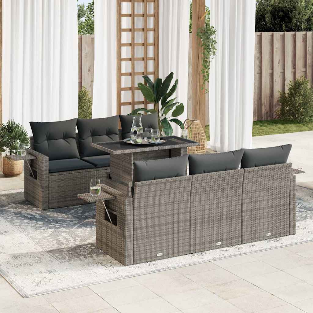 vidaXL 7-tlg. Garten-Sofagarnitur mit Kissen Grau Poly Rattan