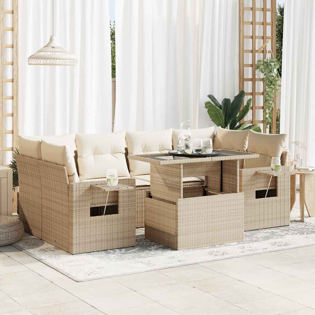 vidaXL 7-tlg. Garten-Sofagarnitur mit Kissen Beige Poly Rattan