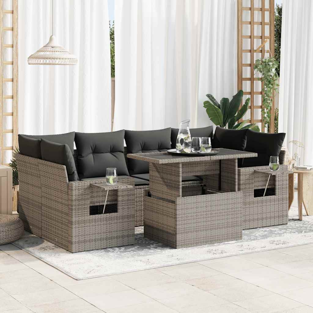 vidaXL 7-tlg. Garten-Sofagarnitur mit Kissen Grau Poly Rattan