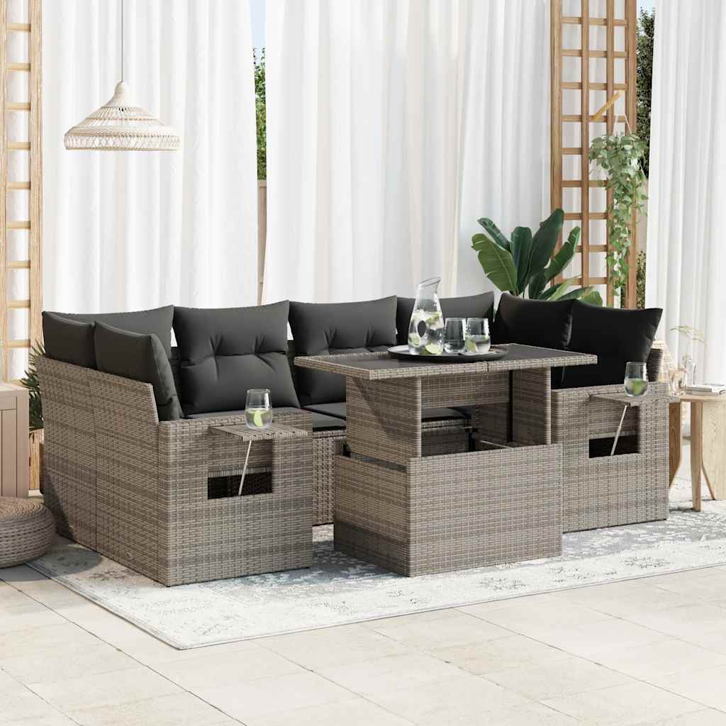 vidaXL Set canapele de grădină, 7 piese, cu perne, gri, poliratan
