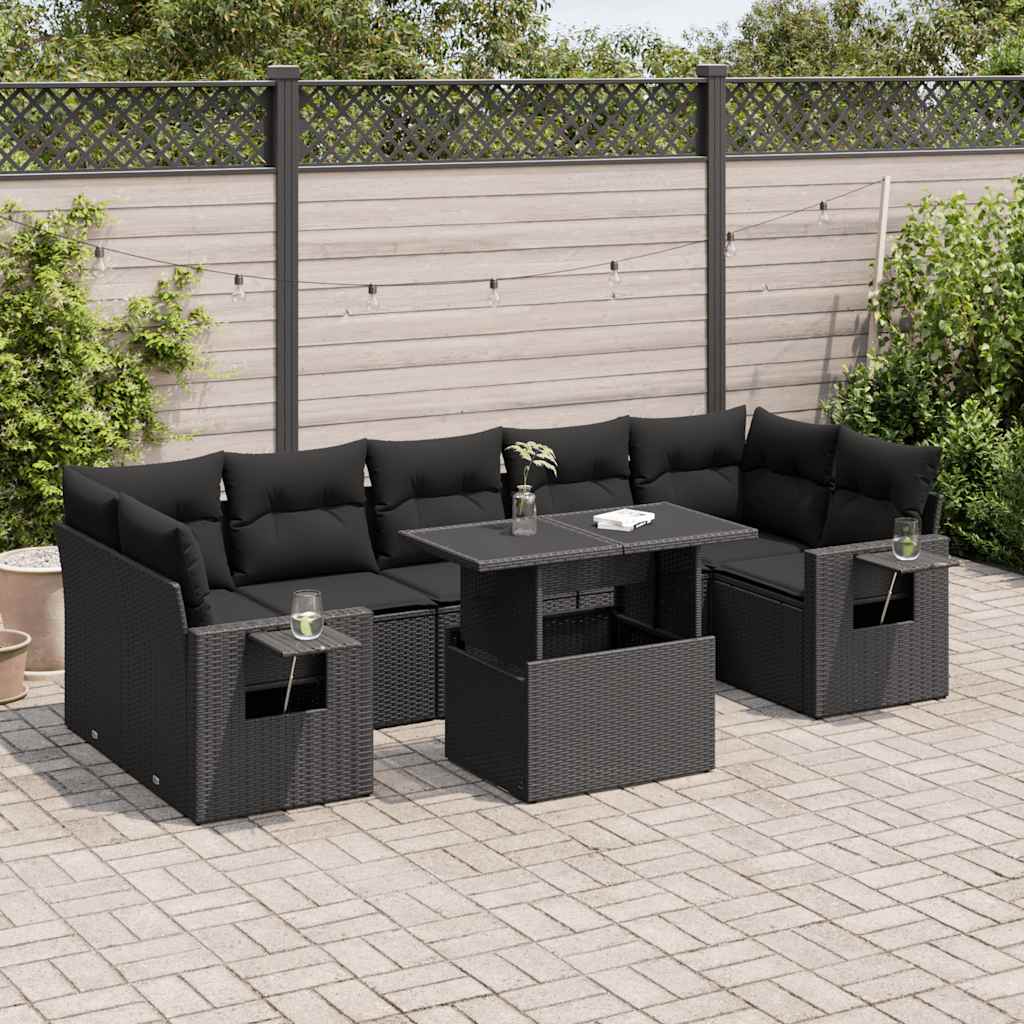 8-tlg. Garten-Sofagarnitur mit Kissen Schwarz Poly Rattan