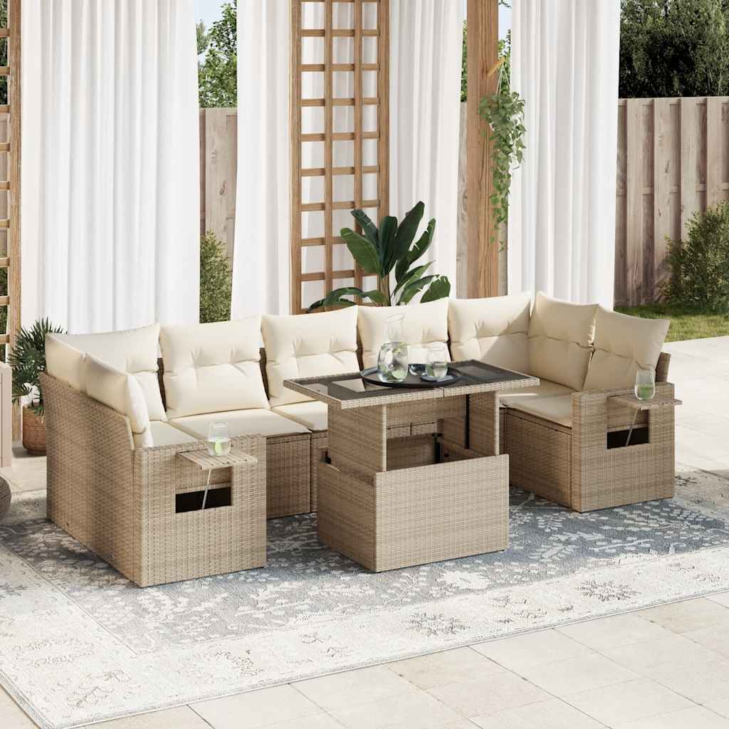 vidaXL 8-tlg. Garten-Sofagarnitur mit Kissen Beige Poly Rattan