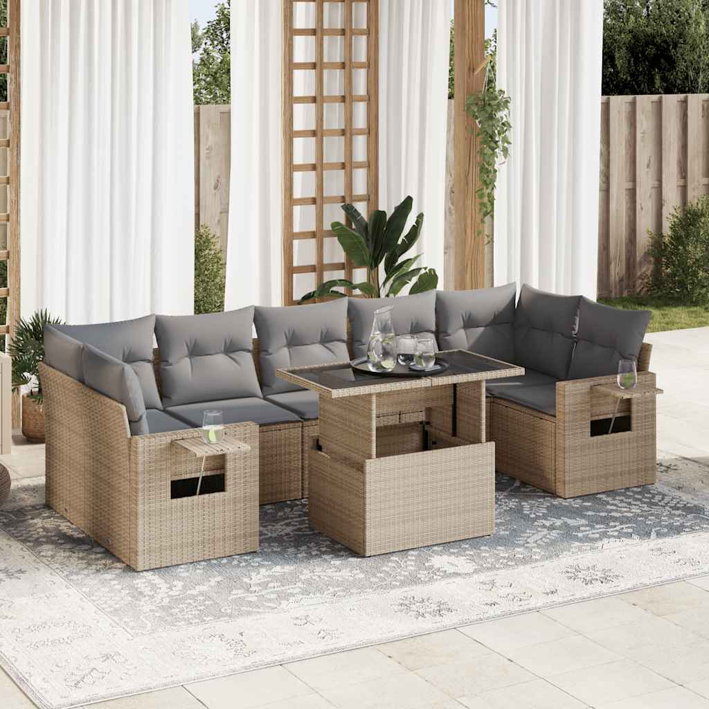 vidaXL 8-tlg. Garten-Sofagarnitur mit Kissen Beige Poly Rattan