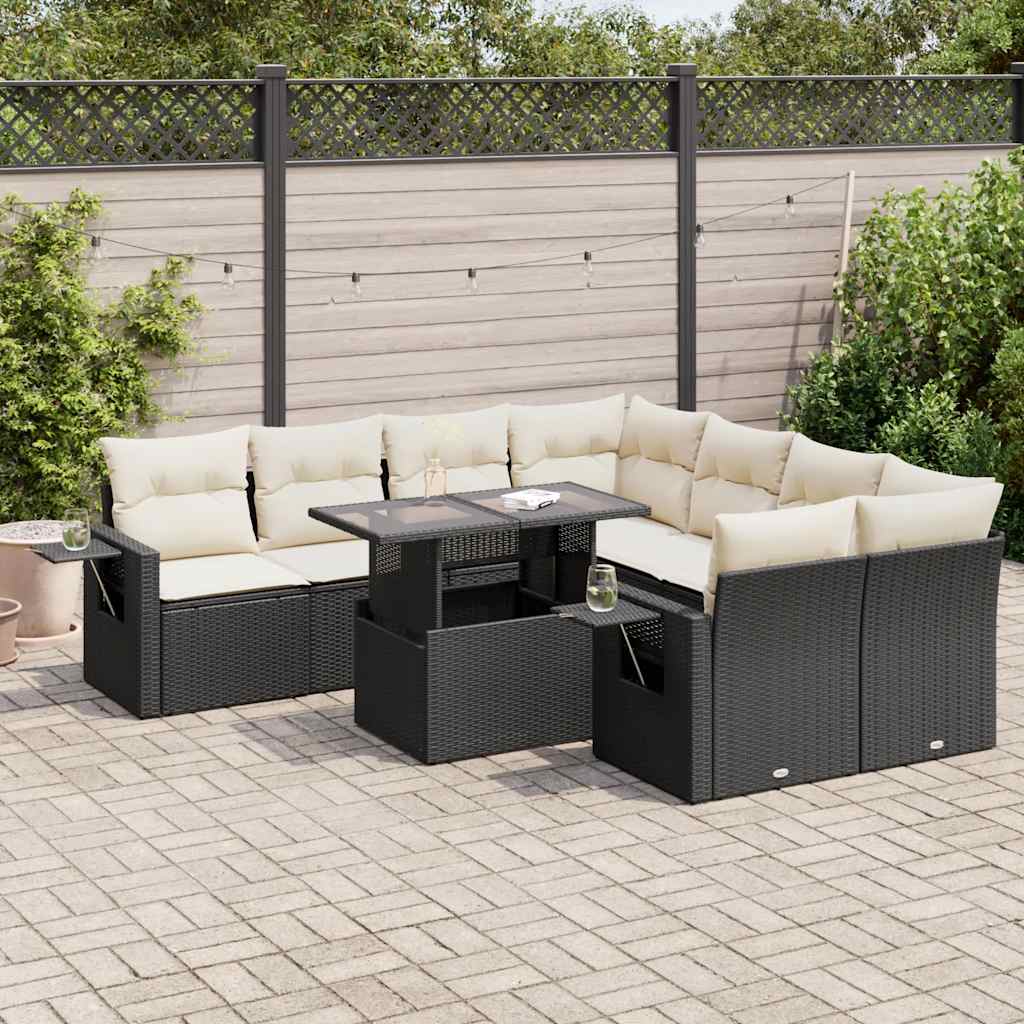 vidaXL 9-tlg. Garten-Sofagarnitur mit Kissen Schwarz Poly Rattan