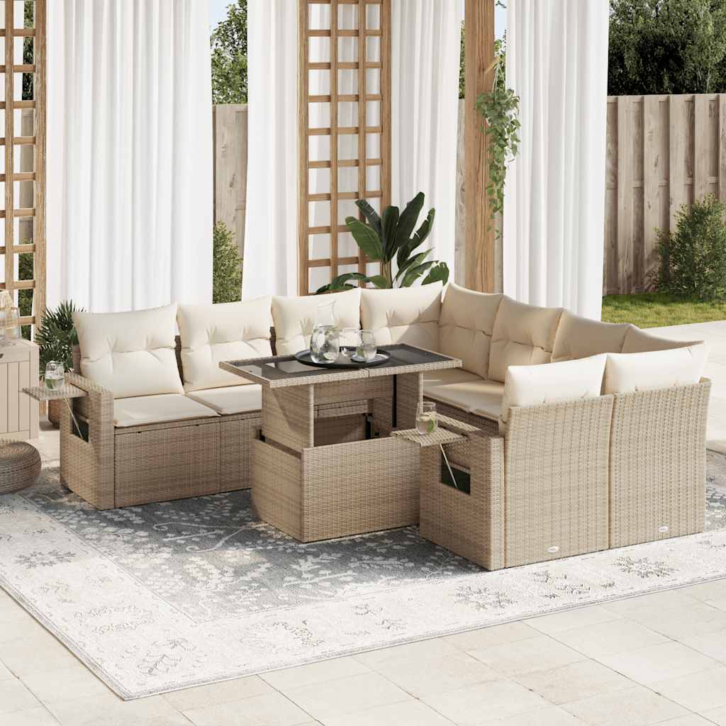 vidaXL 9-tlg. Garten-Sofagarnitur mit Kissen Beige Poly Rattan