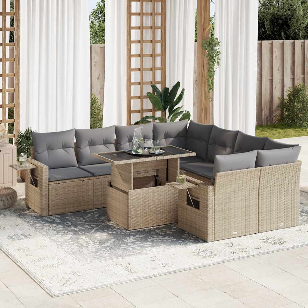 vidaXL 9-tlg. Garten-Sofagarnitur mit Kissen Beige Poly Rattan