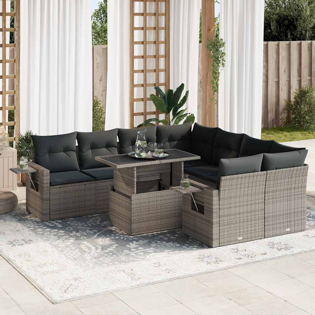 vidaXL Set canapele de grădină, 9 piese, cu perne, gri, poliratan