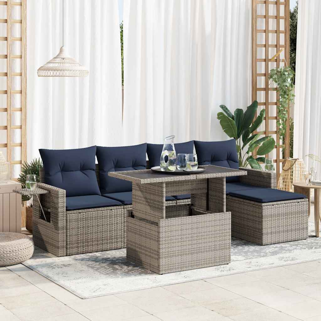 sofasæt til haven 6 dele med hynder polyrattan akacietræ sort