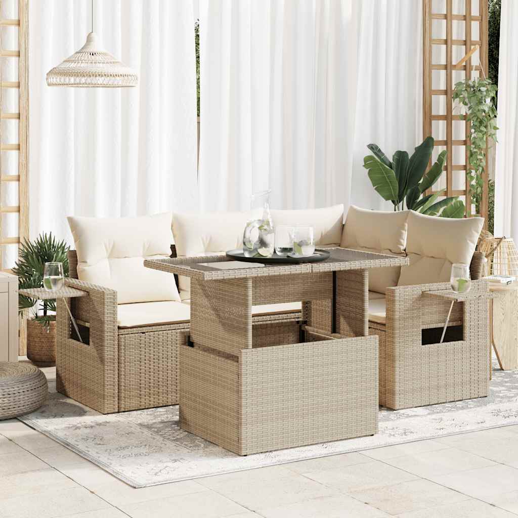 vidaXL 5-tlg. Garten-Sofagarnitur mit Kissen Beige Poly Rattan