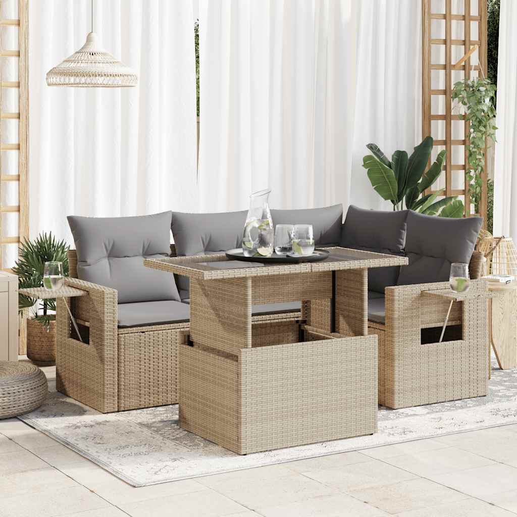 vidaXL 5-tlg. Garten-Sofagarnitur mit Kissen Beige Poly Rattan