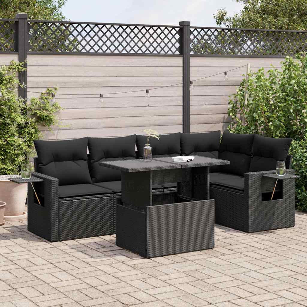 vidaXL 6-tlg. Garten-Sofagarnitur mit Kissen Schwarz Poly Rattan