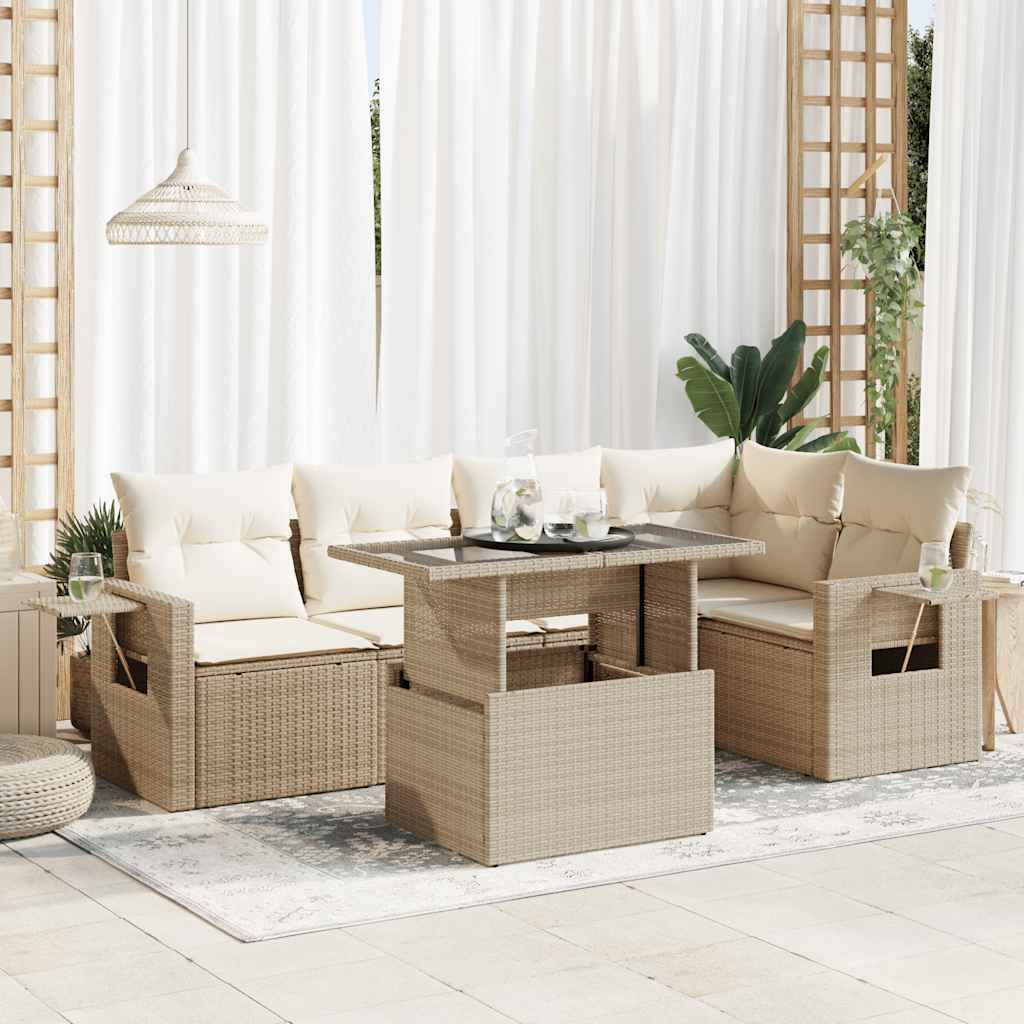 vidaXL 6-tlg. Garten-Sofagarnitur mit Kissen Beige Poly Rattan