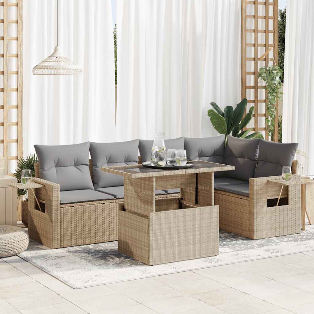 vidaXL 6-tlg. Garten-Sofagarnitur mit Kissen Beige Poly Rattan