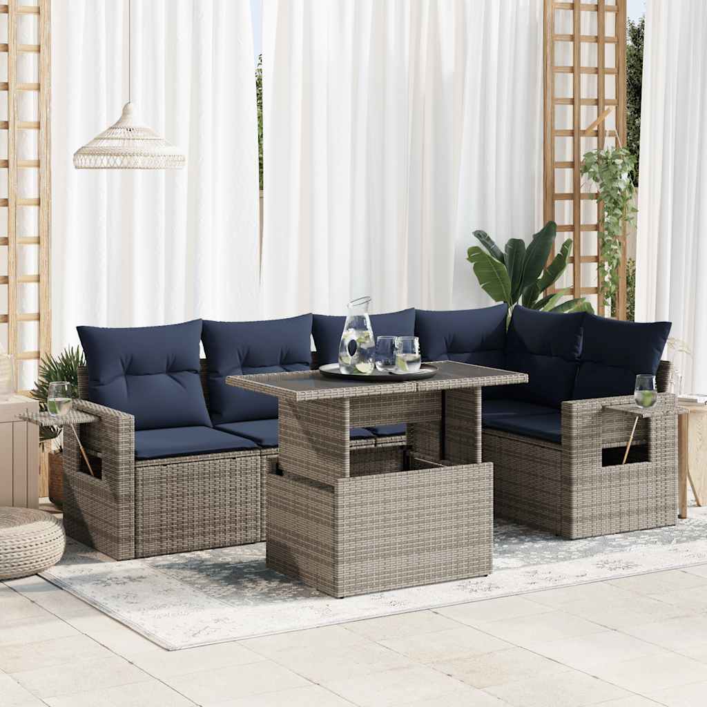 vidaXL 6-tlg. Garten-Sofagarnitur mit Kissen Grau Poly Rattan Akazie