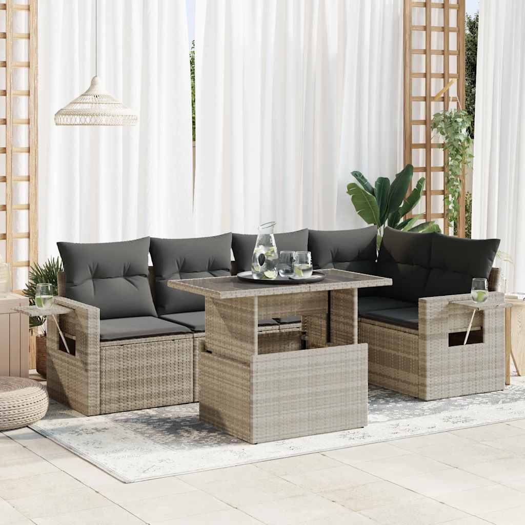 6-tlg. Garten-Sofagarnitur mit Kissen Hellgrau Poly Rattan