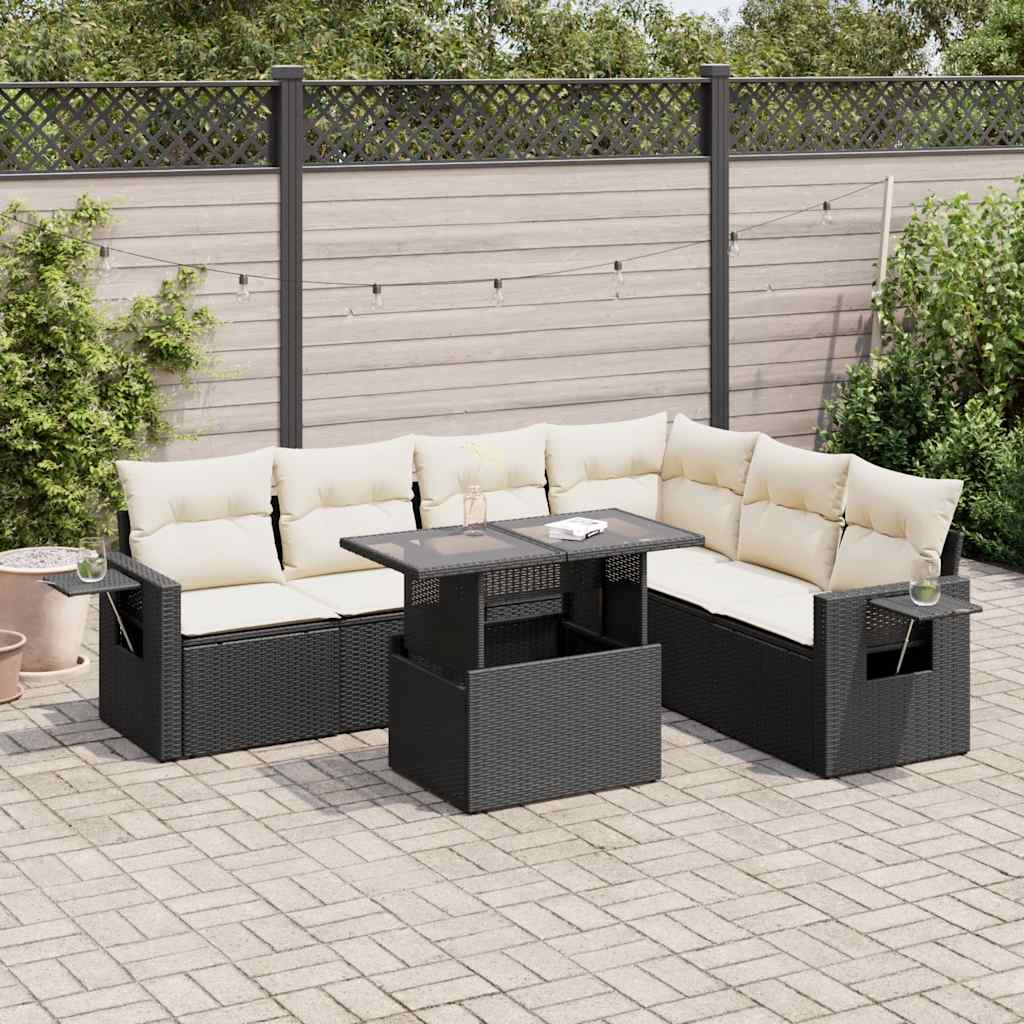 vidaXL 7-tlg. Garten-Sofagarnitur mit Kissen Schwarz Poly Rattan